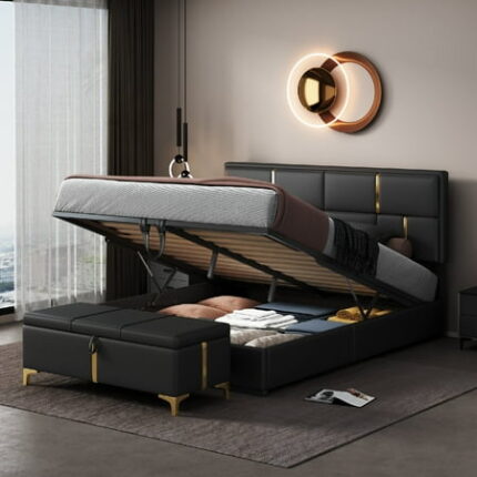 2-Pieces Bedroom Sets Queen Size Bed Frame with Hydraulic Storage System and Ottoman Storage Upholstered Platform Beds with Headboard Modern Metal Bedframe with Solid Wood Slat Support Black
