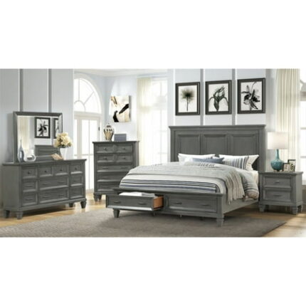 6-Piece Bedroom Sets Wooden King Size Platform Bed Frame with 2 Storage Drawers Bedroom Furniture Set with King Bedframe 2 Nightstands Chest Dresser and Mirror Gray
