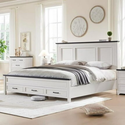 ACCOHOHO Farmhouse King Size Bed Frame with 52 Tall Full-Panel Headboard Wood Platform Bedframe with Footboard and Storage Drawers No Squeak No Box Spring Needed Antique White