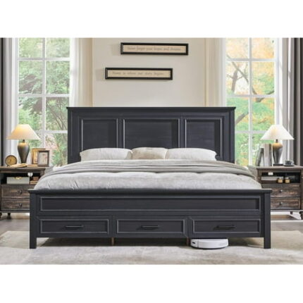 ACCOHOHO Rustic Queen Size Bed Frame with 52 Tall Full-Panel Headboard Wood Platform Bedframe with Footboard and Storage Drawers No Squeak No Box Spring Needed Antique Black