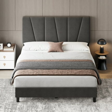 Accreate Full Bed Frame with Adjustable Headboard Linen Upholstered Platform Bedframe with Strong Wooden Slats Mattress Foundation Grey