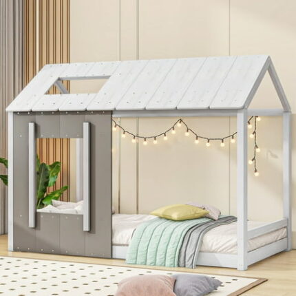 Accreate Twin Size Platform Bed with Roof And Window House Bed Frame No Box Spring Required Twin Size Bedframe for Bedroom Children s Room Kids Room