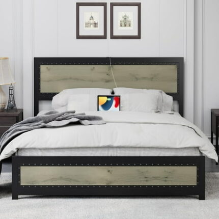 Ataucjin Metal Bed Frame with Headboard and Footboard Full-Size Bedframe Headboard and Footboard with Rivets Heavy Duty Metal Platform Bed Frame 10.8 Under Bed Storage Easy Assembly