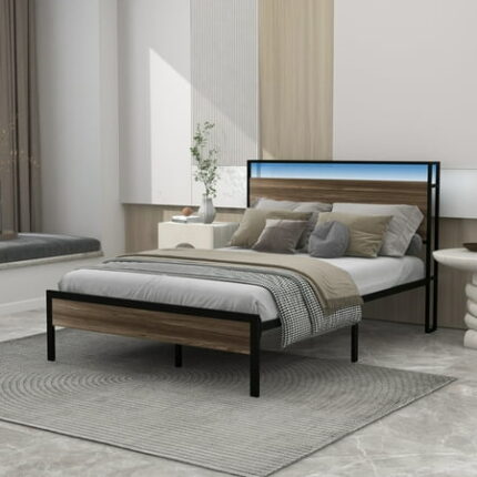 Bed Frame Full Size with LED Lights & Charging Station Bedframe with Wood Storage Headboard No Noise No Box Spring Needed Easy Assembly Sandalwood Brown