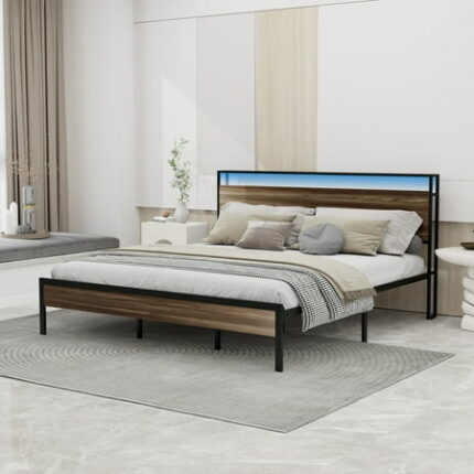Bed Frame King Size with LED Lights & Charging Station Bedframe with Wood Storage Headboard No Noise No Box Spring Needed Easy Assembly Sandalwood Brown