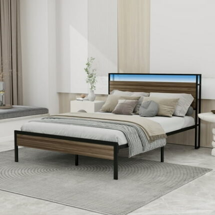 Bed Frame Queen Size with LED Lights & Charging Station Bedframe with Wood Storage Headboard No Noise No Box Spring Needed Easy Assembly Sandalwood Brown