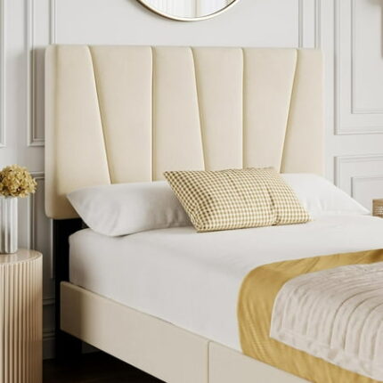 Bed Frame with Adjustable Headboard Linen Upholstered Platform Bedframe with Strong Wooden Slats Mattress Foundation No Box Spring Needed Easy Assembly