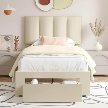 Bed Frame with Storage Drawer, Beige Metal Frame Twin Platform Bedframe with Adjustable Headboard & Wooden Slats Support