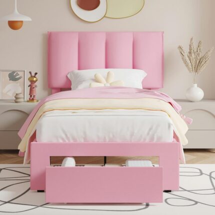 Bed Frame with Storage Drawer, Pink Metal Frame Twin Platform Bedframe with Adjustable Headboard & Wooden Slats Support