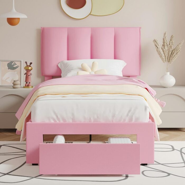 Bed Frame with Storage Drawer, Pink Metal Frame Twin Platform Bedframe with Adjustable Headboard & Wooden Slats Support