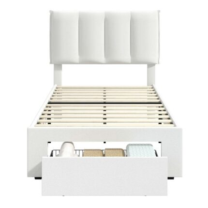 Bed Frame with Storage Drawer, White Metal Frame Twin Platform Bedframe with Adjustable Headboard & Wooden Slats Support