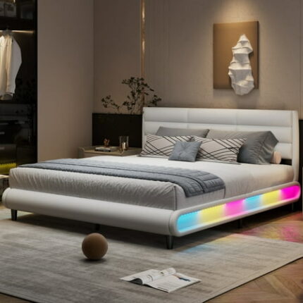 Churanty King Upholstered Platform Bed Frame with LED Light King Size PU Bedframe with Headboard for Bedroom White