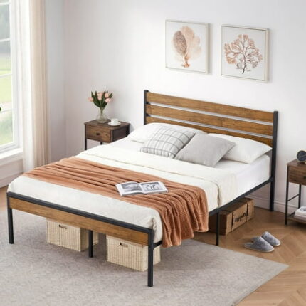 FOLDLIFE Queen Size Bed Frame with Headboard Metal Platform Farmhouse Bedframe with Wood Slats Support No Box Spring Needed Under Bed Storage Rustic Brown