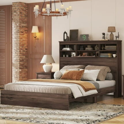 Farmhouse Queen Size Bed American Country Style Platform Bedframe with USB Charging Ports and Storage Headboard Wooden Bed Frame for Bedroom No Box Spring Needed Dark Walnut