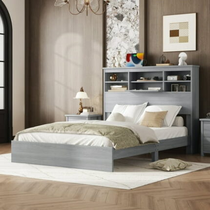 Farmhouse Queen Size Bed American Country Style Platform Bedframe with USB Charging Ports and Storage Headboard Wooden Bed Frame for Bedroom No Box Spring Needed Light Gray