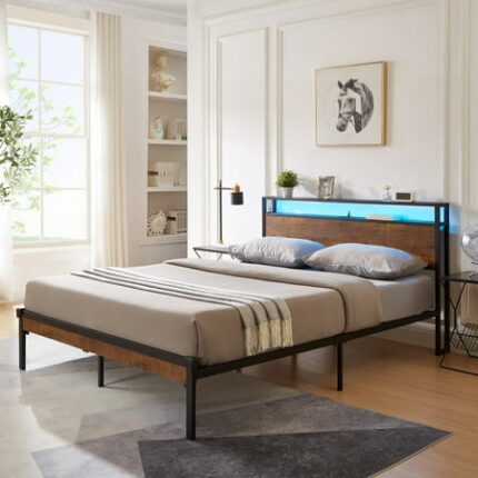 Full Bed Frame Metal Platform Bed Frame with Wooden Headboard Footboard USB Port and LED Lights Multifunctional Bedframe for Bedroom No Box Spring Needed Black