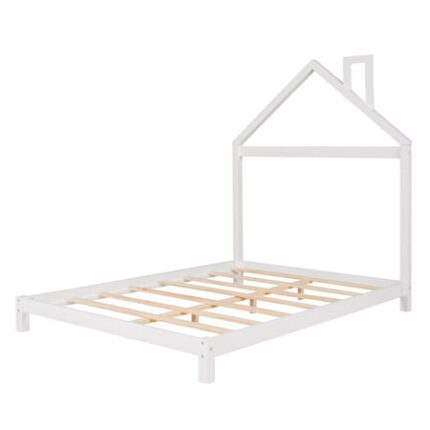 Full Bed Frame for Kids Solid Wood Platform Bed with House-shaped Headboard and Sturdy Slats Support Pine Wood Montessori Bedframe for Boys and Girls Bedroom Playhouse Design White