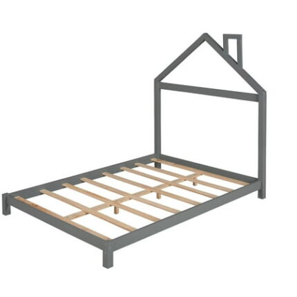 Full Bed Frame for Kids Solid Wood Platform Bed with House-shaped Headboard and Sturdy Slats Support Pine Wood Montessori Bedframe for Boys and Girls Bedroom Playhouse Design Gray