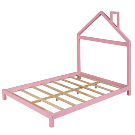 Full Bed Frame for Kids Solid Wood Platform Bed with House-shaped Headboard and Sturdy Slats Support Pine Wood Montessori Bedframe for Boys and Girls Bedroom Playhouse Design Pink