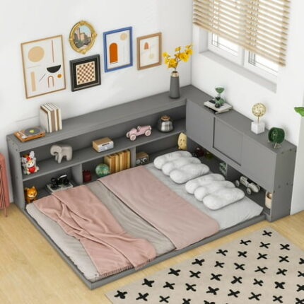 Full Floor Bed with L-shaped Bookcases Bed Frame with Sliding Doors Bedframes without Slats Grey