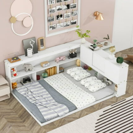 Full Floor Bed with L-shaped Bookcases Bed Frame with Sliding Doors Bedframes without Slats White