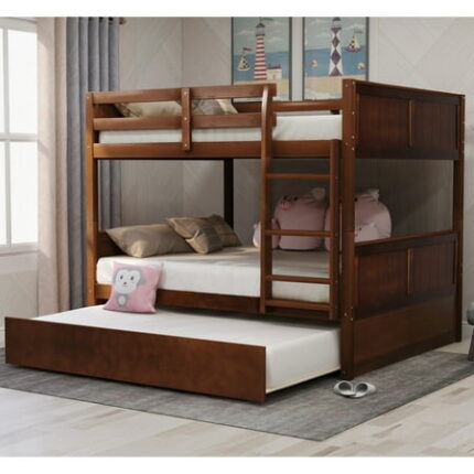 Full Over Full Bunk Beds with Twin Size Trundle Wooden Full Size Bunk Bed Frame with Ladder and Guard Rails Wood Bedframe for Kids Boys Girls Teens Bedroom Guest Room No Box Spring Needed Walnut