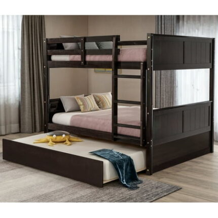 Full Over Full Bunk Beds with Twin Size Trundle Wooden Full Size Bunk Bed Frame with Ladder and Guard Rails Wood Bedframe for Kids Boys Girls Teens Bedroom Guest Room No Box Spring Needed Espresso