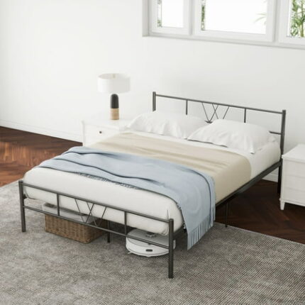 Full Size Bed Frame Classic Metal High Platform Bedframes with Victorian Style Iron-Art Headboard/Footboard/Under Bed Storage 11.2 Inch High