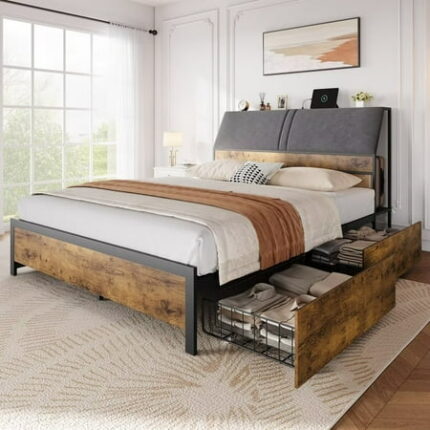 Full Size Bed Frame with 4 Storage Drawers & Charging Station Platform Bedframe with Large Storage Headboard and Strong Metal Slats Support No Box Spring Needed Easy Assembly Brown