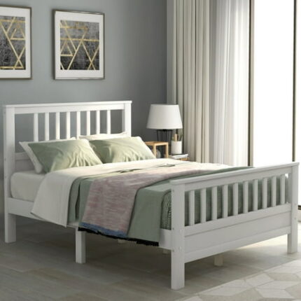 Full Size Bed Frame with Headboard and Footboard Platform Wood BedFrame with Wood Slat Support Farmhouse Solid Wood Platform Bed for Kids Teen Girls Boys Easy Assembly White