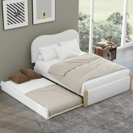 Full Size Bed Frame with Twin Size Trundle Upholstered Platform Bed with Wood Supporting Feet Bedframe for Bedroom Living Room White