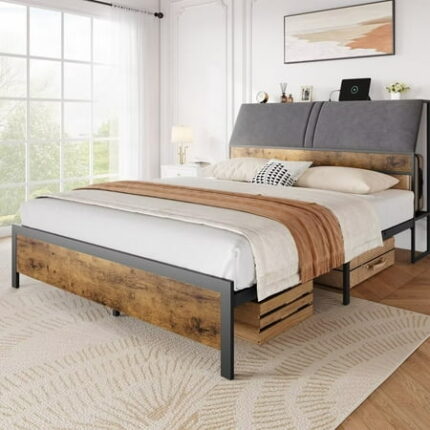 Full Size Bed Frame with Upholstered Headboard & Charging Station Platform Bedframe with Large Storage Space and Strong Metal Slats Support No Box Spring Needed Easy Assembly