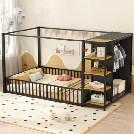 Full Size Floor Bed Frame with Wardrobe Metal Floor Bed with Storage Shelves Full Size Floor Bed Frame with Guardrails Montessori Bedframe with Fence Design for Bedroom Dorm Black