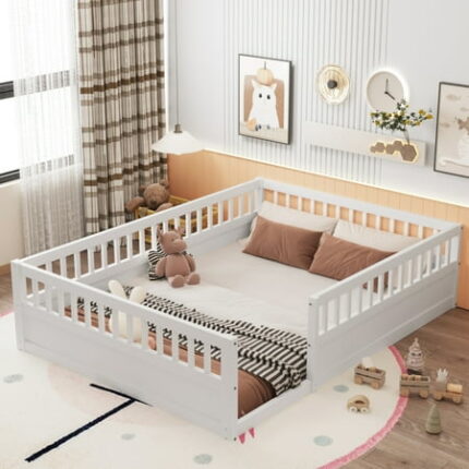 Full Size Floor Bed for Kids Bedroom Solid Wood Bedframe w/Fence & Easy Assemble & Space Saving Design & No Box Springod Kids Floor Beds Frame for Bedroom Playroom White(Expect arrive date Jul. 10th)