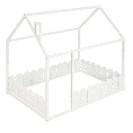 Full Size House Bed Creativity Tent Bed with Roof and Fence-Shaped Guardrail Full Size Single Floor Bed Frame Wood Platform Bedframe Single Bed for Kids teens Girls Boys(Slats are not included) White