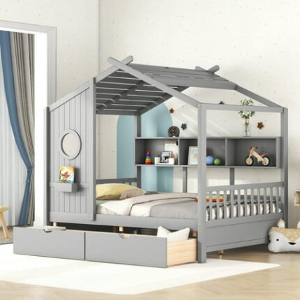 Full Size House Bed with 2 Drawers and Storage Shelves Wooden House Platform Bed Frame with Roof and Window Full Low House Bedframe for Boys Girls Teens Bedroom Gray