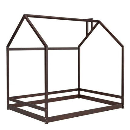 Full Size Kids Bed Frame Solid Wood Playhouse Floor Bed with Slatted Guardrail and Canopy Roof Rack Creative Platform Bedframe for Boys and Girls Slats Not Included Espresso