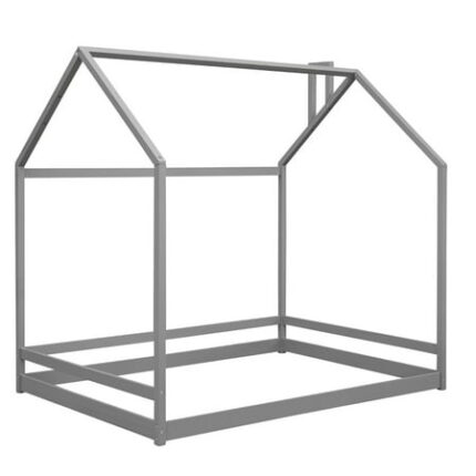 Full Size Kids Bed Frame Solid Wood Playhouse Floor Bed with Slatted Guardrail and Canopy Roof Rack Creative Platform Bedframe for Boys and Girls Slats Not Included Gray