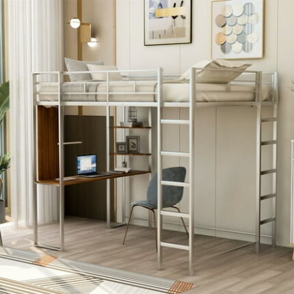 Full Size Loft Bed Metal Bedframe with 2 Shelves & one Desk Full Loft Bed Frame Frame with Two Build-in Ladders & Guardrails for Adults 71.6 H x 57 W x 79.5 L No Box Spring Needed Silver