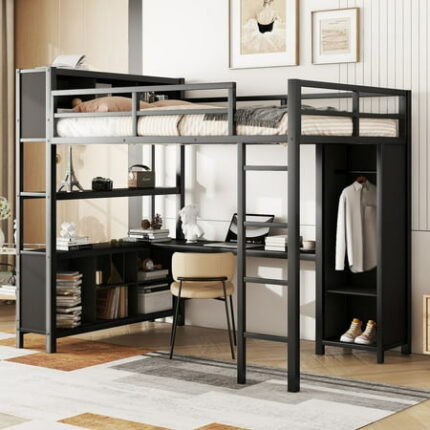 Full Size Loft Bed Metal Loft Bed Frame with Wardrobe And L-shaped Desk Bedframe with Storage Cubes and Shelves for Kids Teens Adults Black