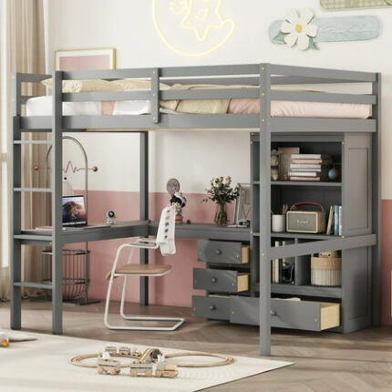 Full Size Loft Wood Bed with Desk Storage Shelves and Drawers Bed Frame with Guardrails and Built-in Ladder Bedframe for Bedroom Grey