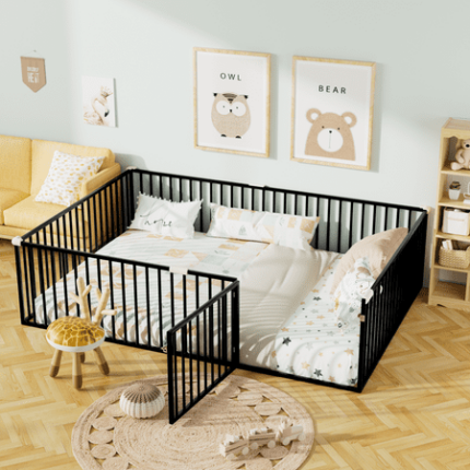 Full Size Metal Floor Bed Frame with Fence and Door Montessori Bedframe No Box Spring Needed Easy to Install Bedroom Furniture for Kids Toddlers Boys Girls Black