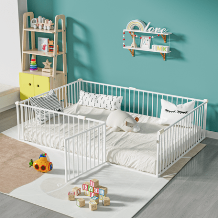 Full Size Metal Floor Bed Frame with Fence and Door Montessori Bedframe No Box Spring Needed Easy to Install Bedroom Furniture for Kids Toddlers Boys Girls White