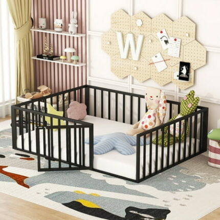 Full Size Metal Floor Bed Montessori Bed Frame with Safety Guardrails and Door Metal Montessori Bedframe for Child Girls Boys No Box Spring Needed Black
