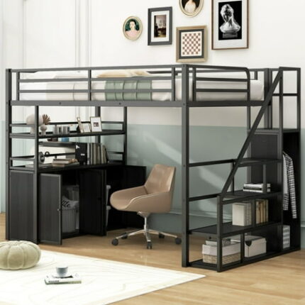 Full Size Metal Loft Bed with Storage Staircase Heavy Duty Loft Bed Frame with Built-In Desk Wardrobe and Storage Shelves Metal Loft Bedframe for Boys Teens Adults Black
