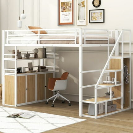 Full Size Metal Loft Bed with Storage Staircase Heavy Duty Loft Bed Frame with Built-In Desk Wardrobe and Storage Shelves Metal Loft Bedframe for Boys Teens Adults White