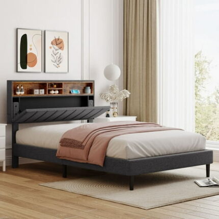 Full Size Upholstered Bed Frame Platform Bedframe with Storage Headboard and USB Port Linen Fabric Bed Frames Gray