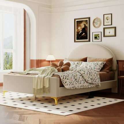 Full Size Upholstered Bed Frame with Classic Semi-circle Shaped Headboard Solid Wood Platform Bed with Metal Legs Velvet Fabric Bedframe for Bedroom No Box Spring Required Beige