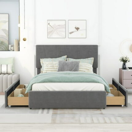 Full Size Upholstery Platform Bed Frame Wooden Bed Frame with 4 Storage Drawers and Adjustable Headboard Modern Bedframe for Bedroom Apartment Grey No Box Spring Needed