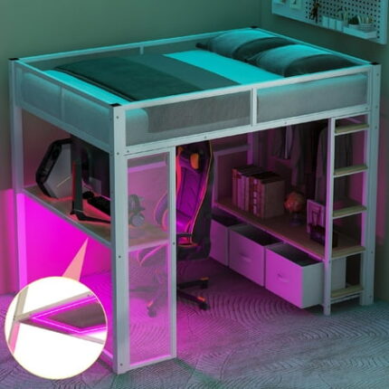 Full Sized Metal Loft Bed with Open Wardrobe and Led Light Space Saving Loft Bed Frame with Desk and Linen Storage Drawers Heavy Duty Bedframe with Ladder and Guardrailfor Bedroom Dormitory White